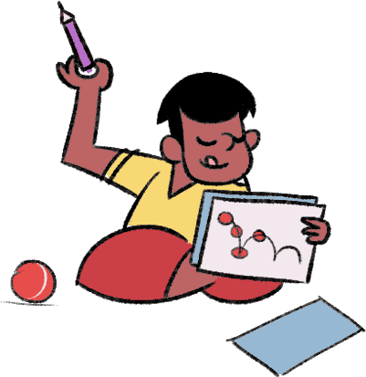 A boy who is watching a YouTube hologram is holding a pencil in his left hand, and a paper with a drawing of a ball bouncing in the other hand.
