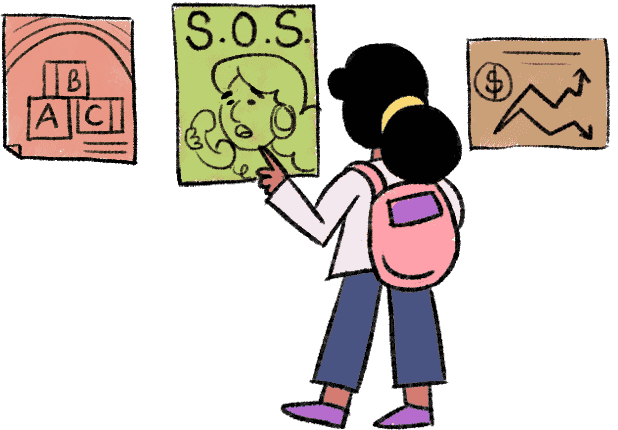 A girl is looking at 3 posters on a brick wall, one of which shows an S.O.S message for women’s safety.