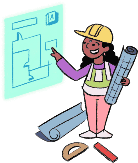 A girl dressed as a civil engineer is holding a blueprint paper in one hand, and pointing at a screen with the other. The screen shows a plan of a structure.