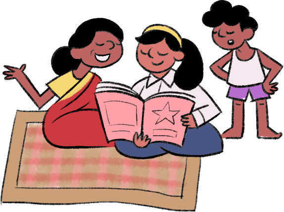 A girl and her mother are sharing a magazine. Her younger brother is also peering into the magazine from the side.