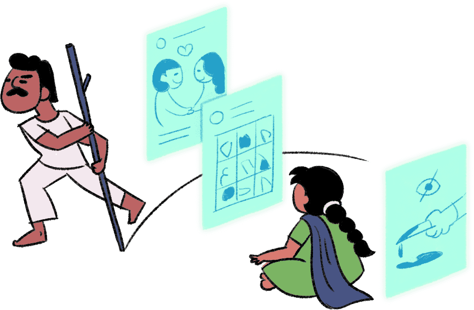 A girl is sitting in front of 2 screens, one of which is being blocked by a boundary line drawn by her father. Behind the girl is a third screen that is not visible to her.