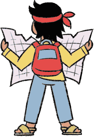 An adventurous boy is standing at the top of a structure overlooking the ground while reading a map of the ground.