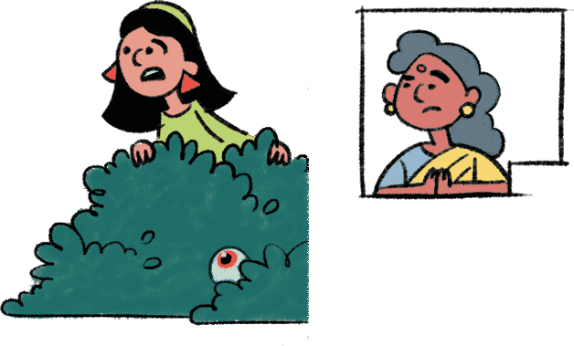 A girl is peering from the bushes behind a house, looking out into the ground but avoiding her relative who is also looking out into the ground from a window in the house.