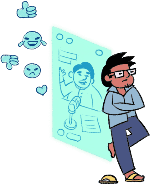 A boy is leaning against a screen showing a political figure speaking in a microphone.