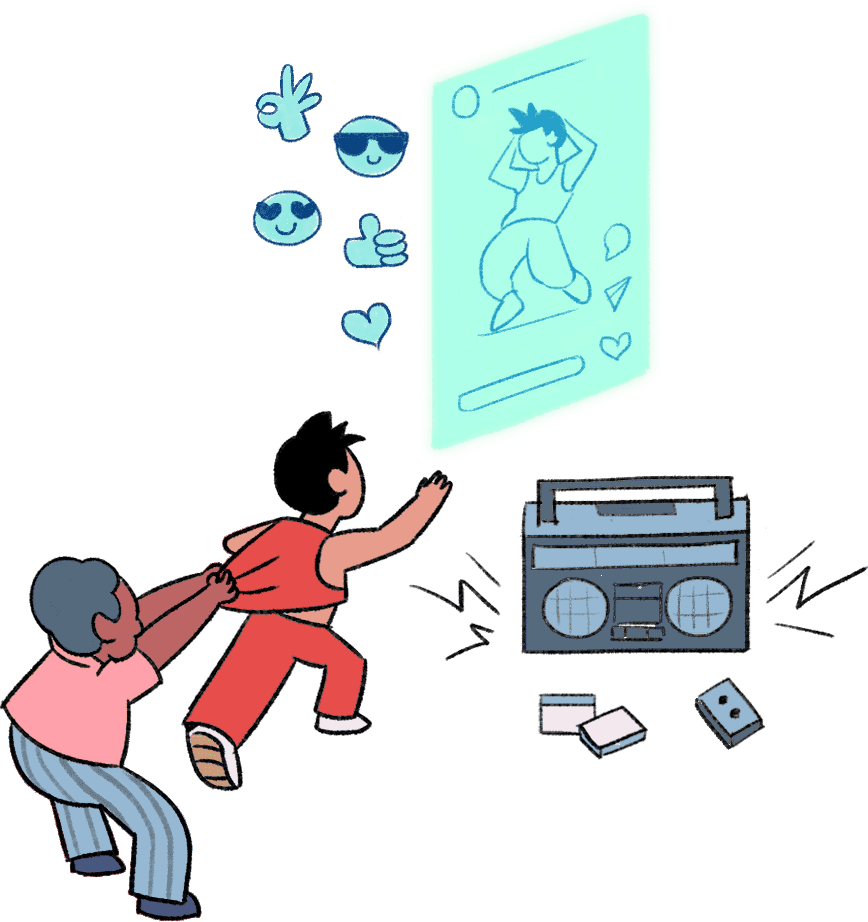 A boy is desperately reaching for a screen which shows videos of himself dancing and creating content online, but his father is pulling him away from the screen by holding his clothes.