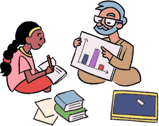 A girl is sitting on the ground, taking notes while listening to a teacher in front of her who is showing her a bar chart on a paper. Besides them are books, a slate and a piece of chalk.