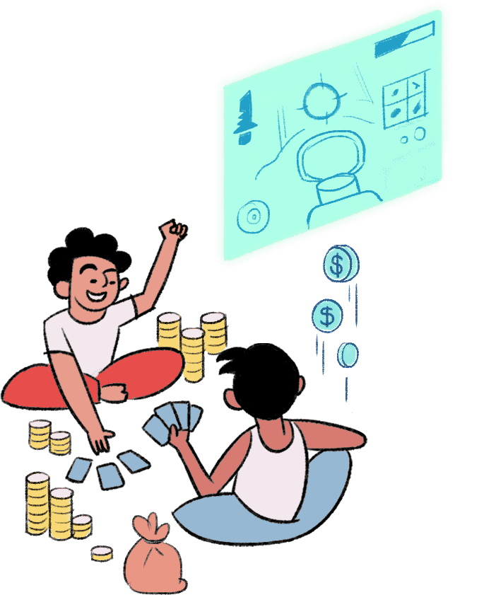 Two boys are sitting on the ground under a tree gambling with a pack of cards. Around them are stacks of coins earned from gambling.