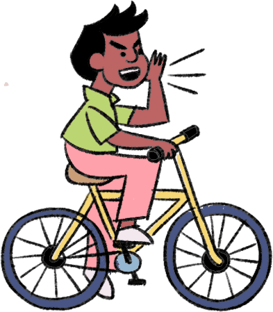 A boy is sitting on a bicycle, confidently approaching a girl he doesn’t know very well and boldly calling out to her.