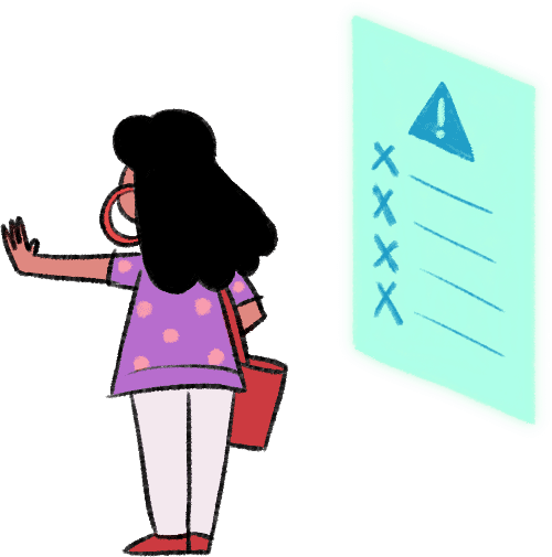 A girl has extended her left hand in front of a boy approaching her. Beside her is a screen that shows that the boy’s profile does not match her safety checklist.