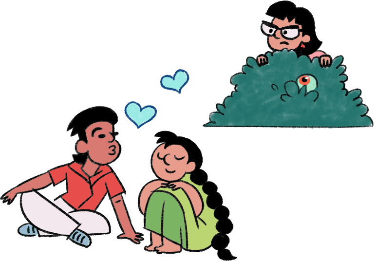 A young affectionate couple are sitting under a tree. Behind them is a third person curiously observing them from behind a bush.