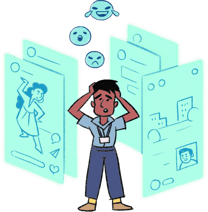 A boy is surrounded by many long digital screens and is overwhelmed by the amount of content in front of him.