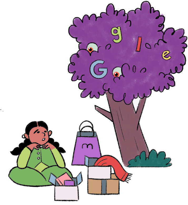 A girl is sitting on the ground surrounded by visual icons of all her likes and dislikes. A nearby watchful tree with the letters of ‘Google’ spelled out are present in its leaves.