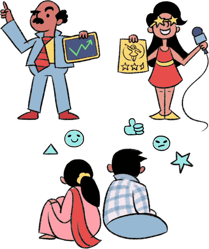 A boy and a girl are sitting with their backs to each other. The girl is observing a financial influencer, while the boy is watching an entertainment influencer.